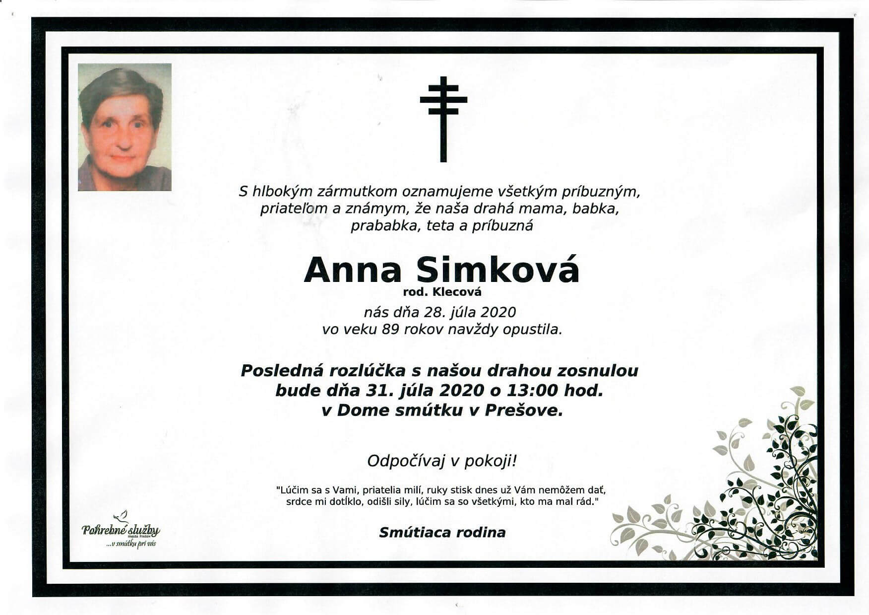 Zomrela bývalá herečka DAD Anna Simková.