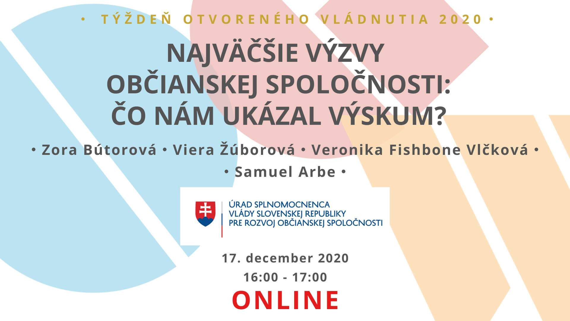 Pozvánka na diskusiu: Najväčšie výzvy občianskej spoločnosti – čo nám ukázal výskum? (17. december 2020, 16:00 – 17:00)