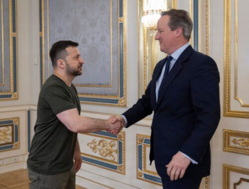 Zelenskyj pri stretnutí s Cameronom apeloval na potrebu čo najskorších dodávok vojenskej pomoci Ukrajine (foto)