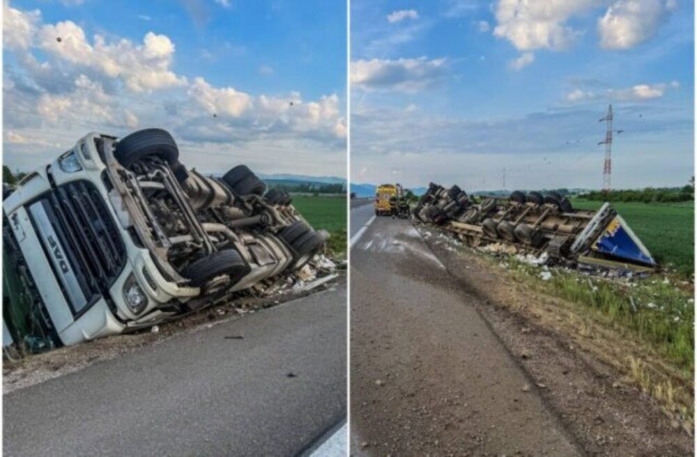 Na rýchlostnej ceste R4 sa prevrátil kamión, úsek musia dočasne uzavrieť – FOTO