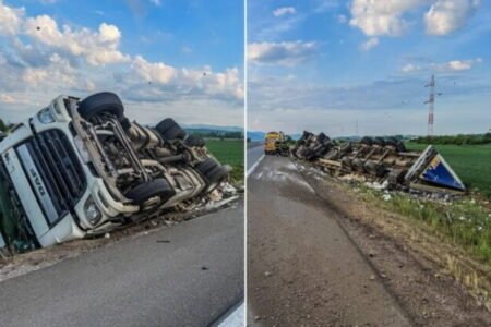 Na rýchlostnej ceste R4 sa prevrátil kamión, úsek musia dočasne uzavrieť – FOTO