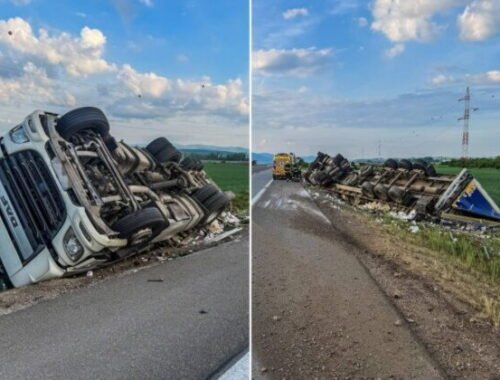Na rýchlostnej ceste R4 sa prevrátil kamión, úsek musia dočasne uzavrieť – FOTO